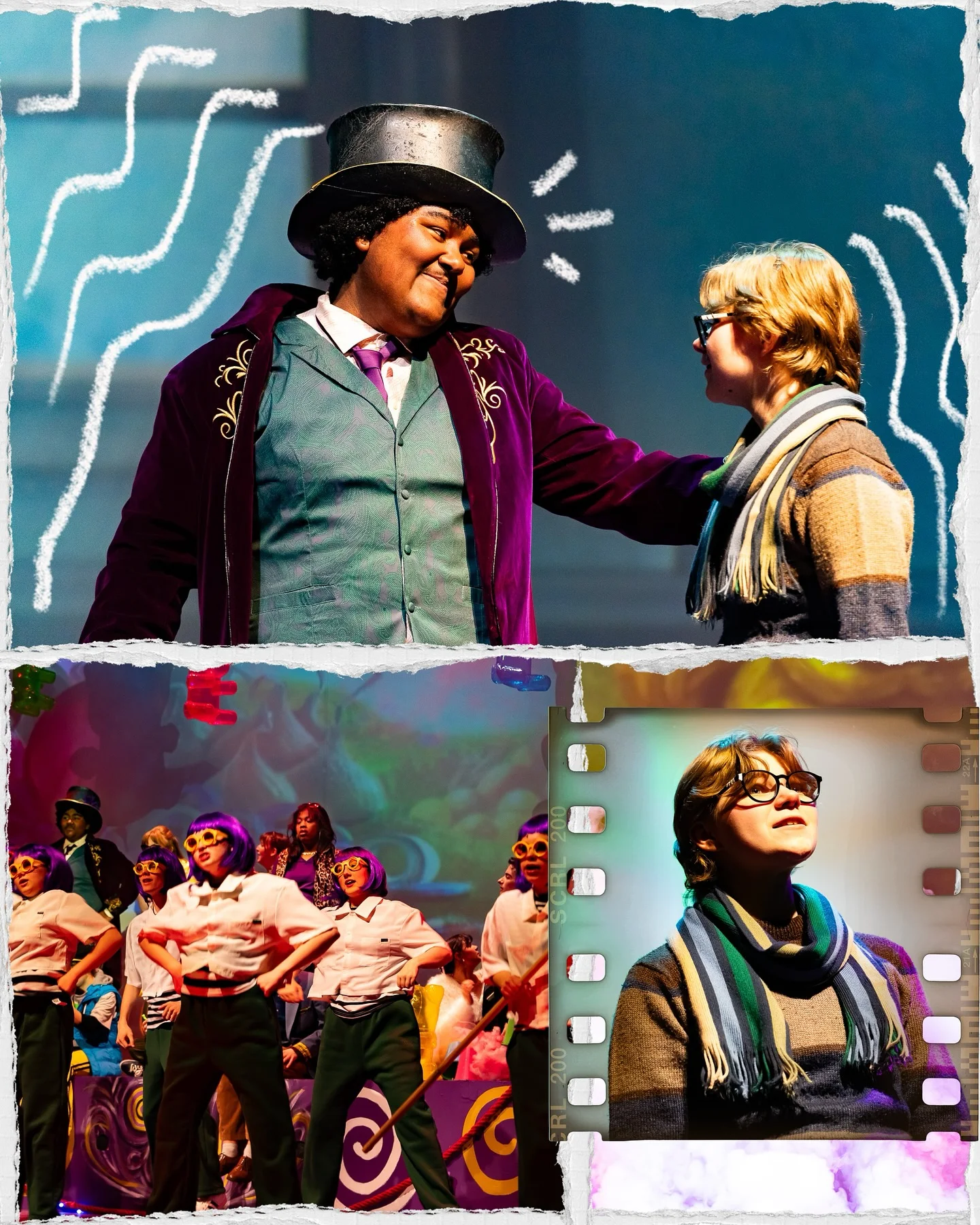 A production collage featuring Willy Wonka with Charlie Bucket, the Oompa-Loompa ensemble, and a close-up of Charlie on the candy-colored stage.