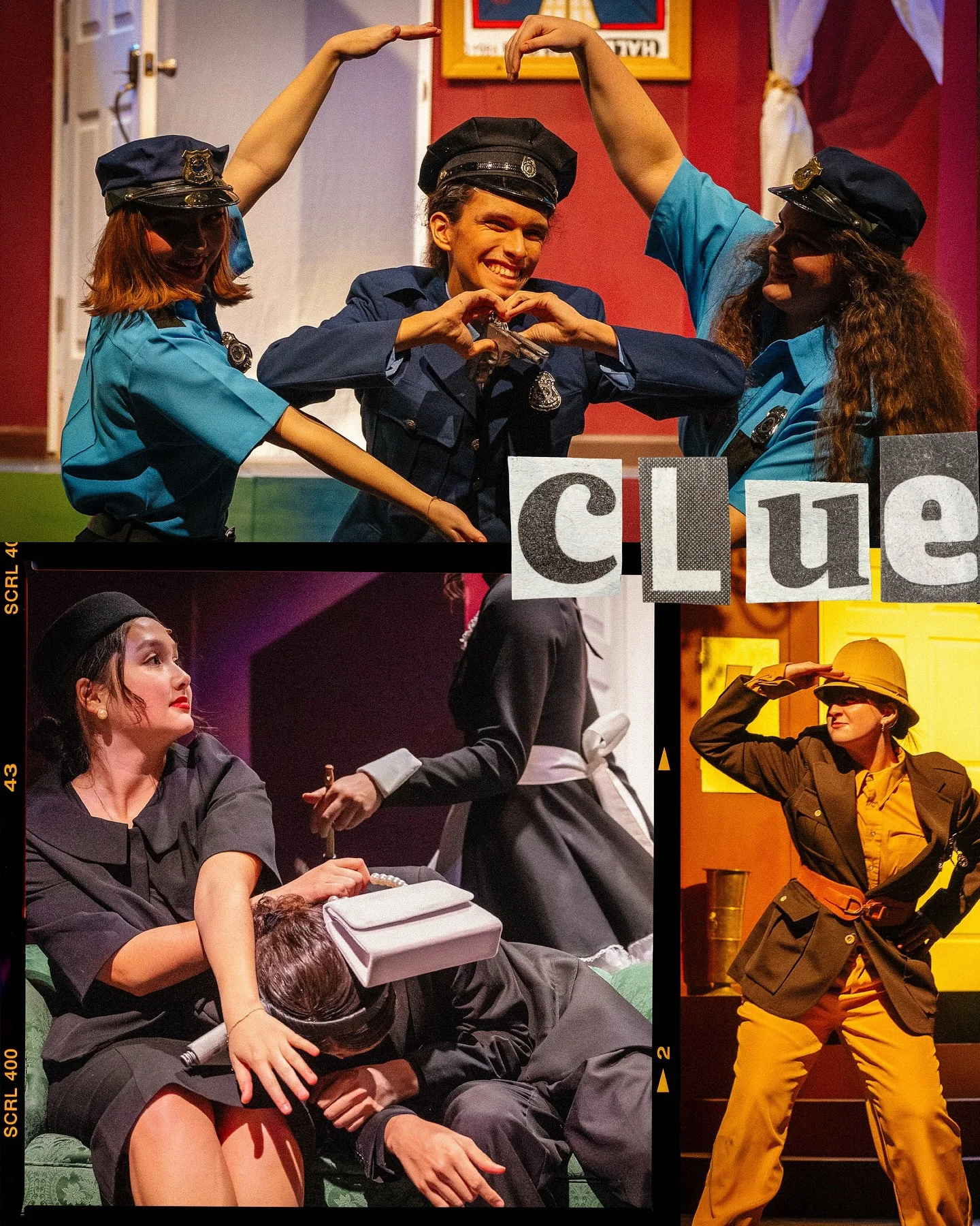 A collage from Clue showing police officers and other suspects in colorful scenes from the production.